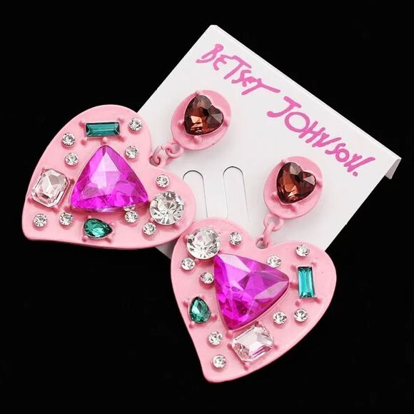 EARRINGS! Betsey Johnson Love Heart Gemstone Post Dangle Earrings BNWT - Picture 3 of 4